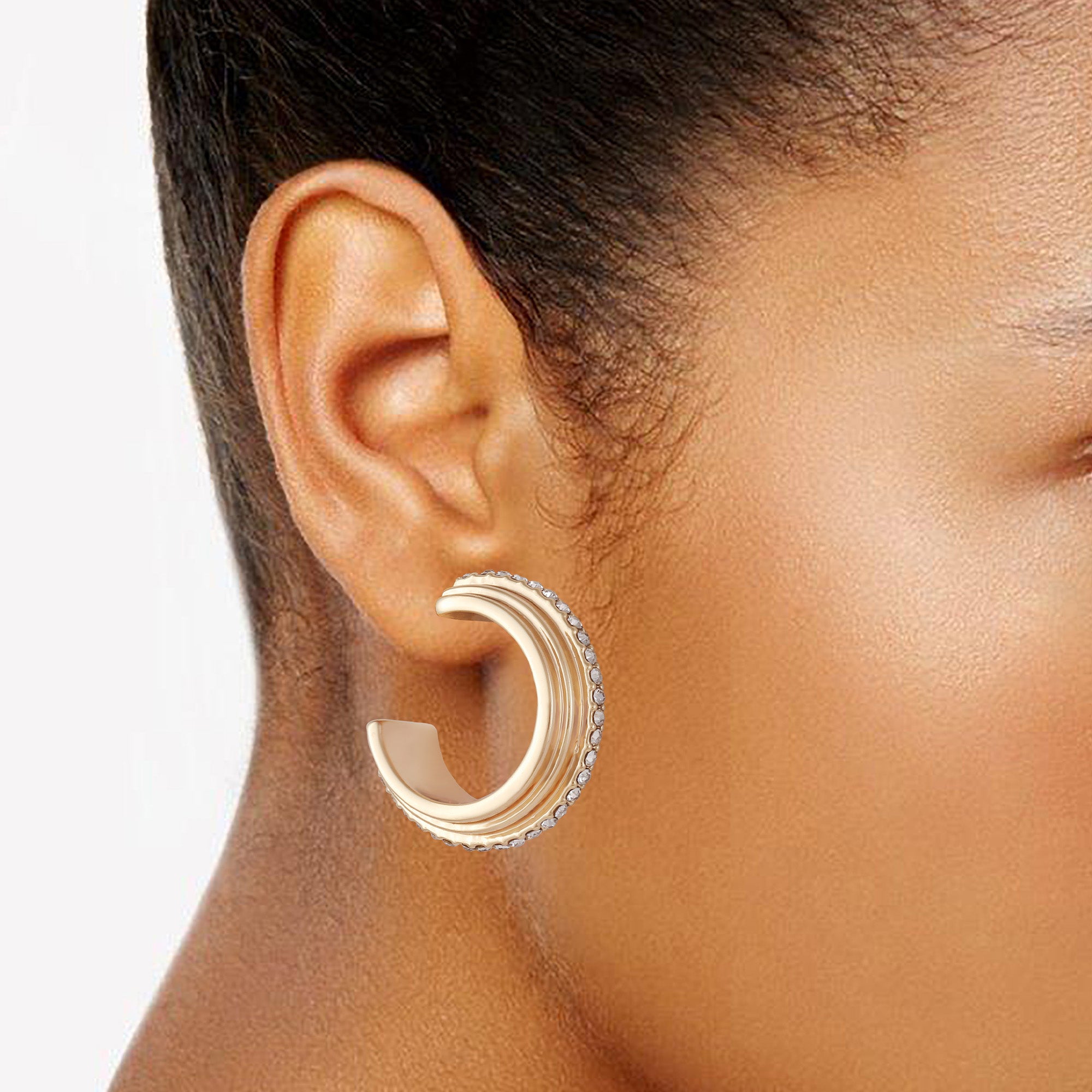 14K Goldtone Crystal Huggie Hoop Earring - Image 2