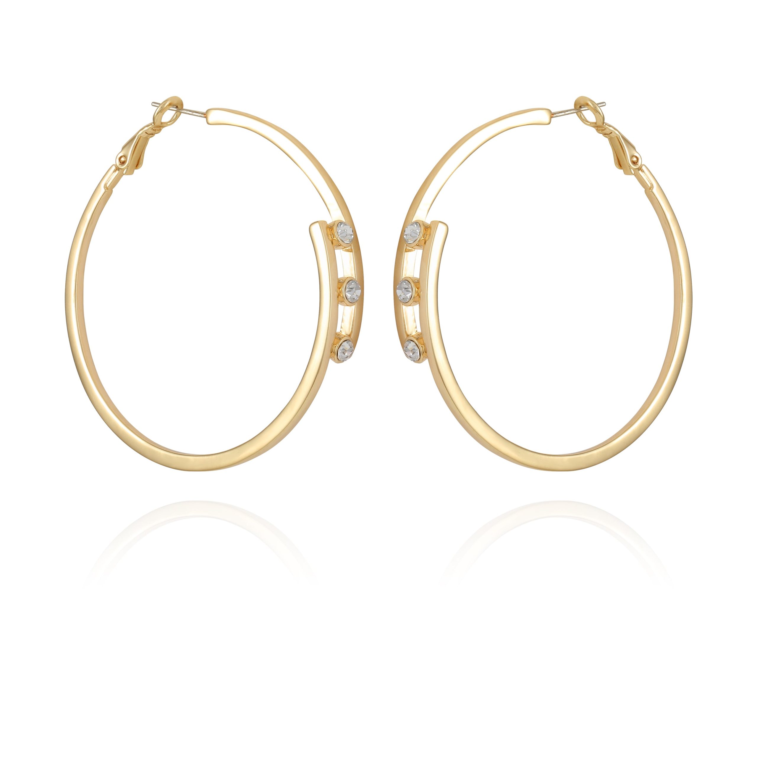 14K Goldtone Tri-Crystal Stone Hoop Earring