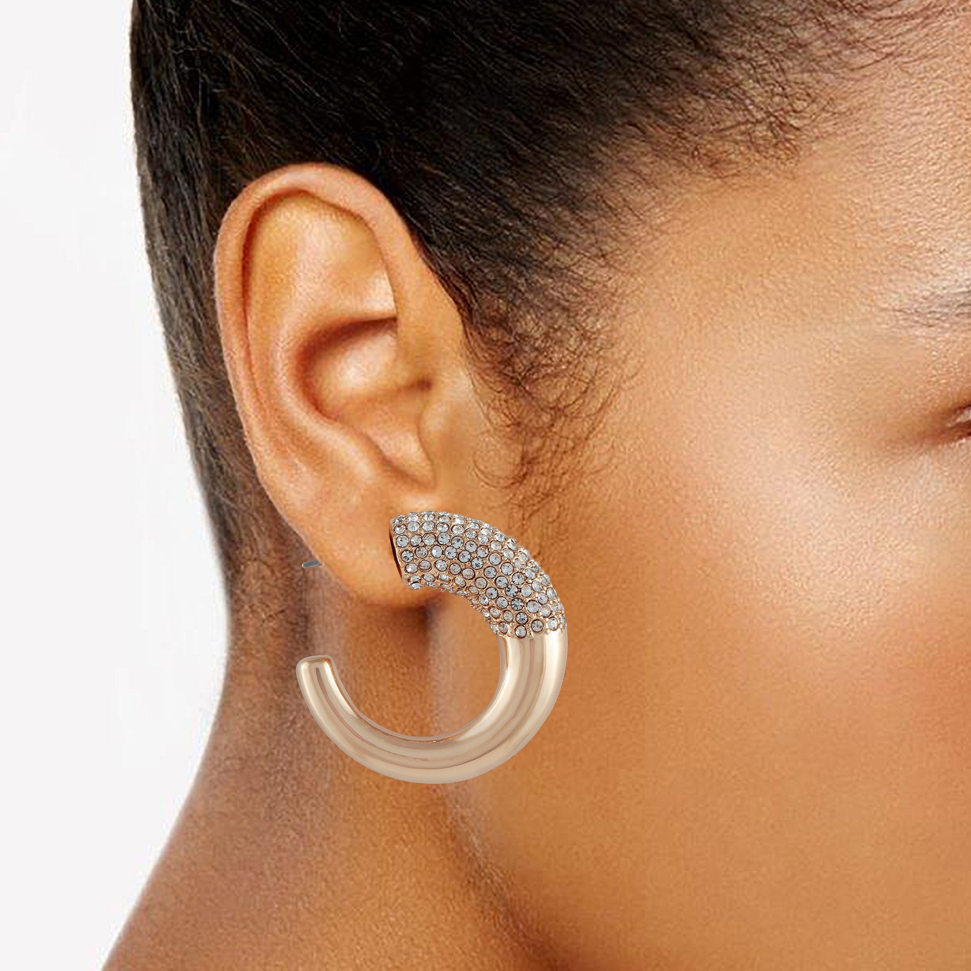 Goldtone Pave Crystal Stone Open Hoop Earrings - Image 2