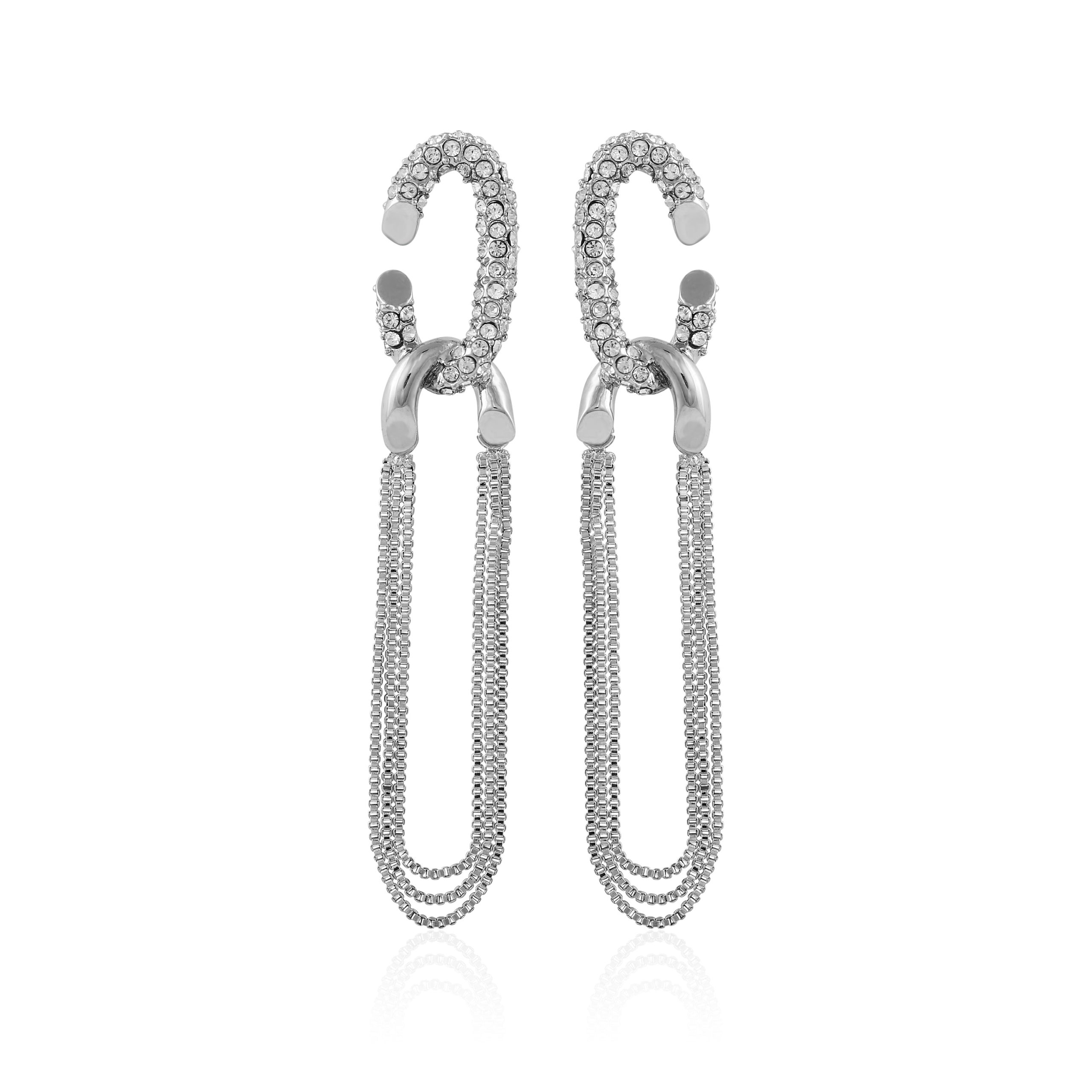 Silvertone Tassel Chain Huggie Hoop Drop Earrings