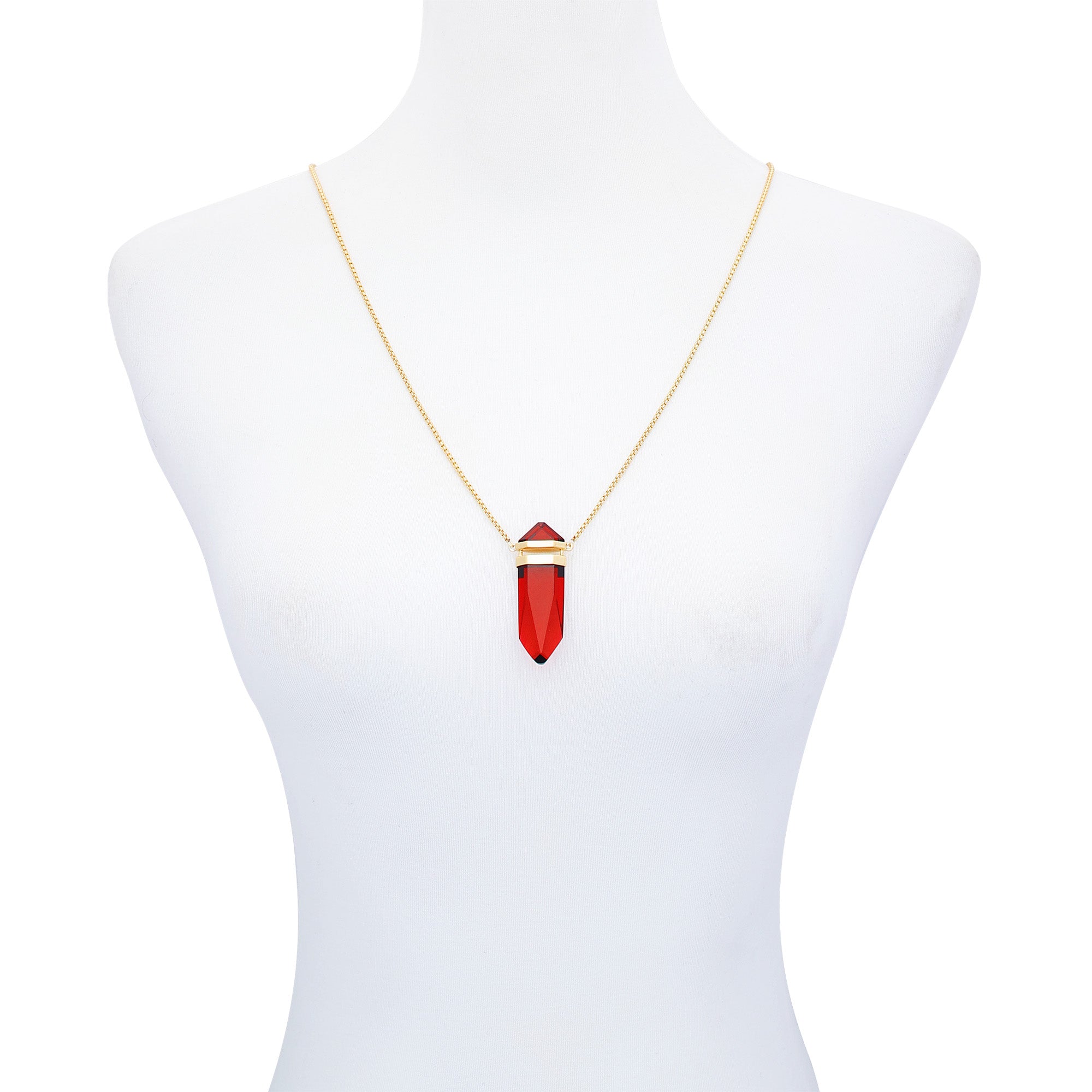 Goldtone Red Crystal-Shape Stone Pendant Long Necklace - Image 2