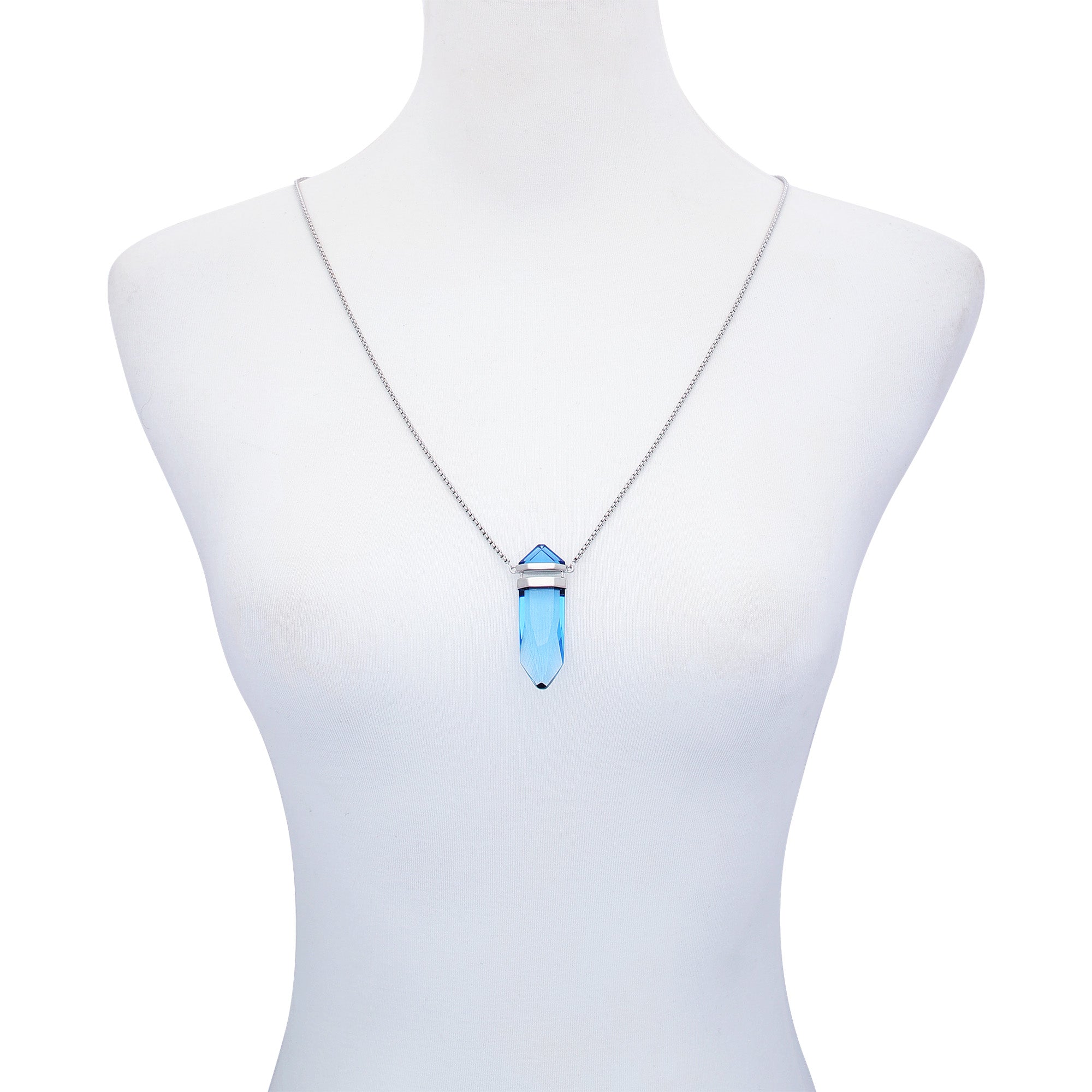 Silvertone Blue Crystal-Shape Stone Pendant Long Necklace - Image 2