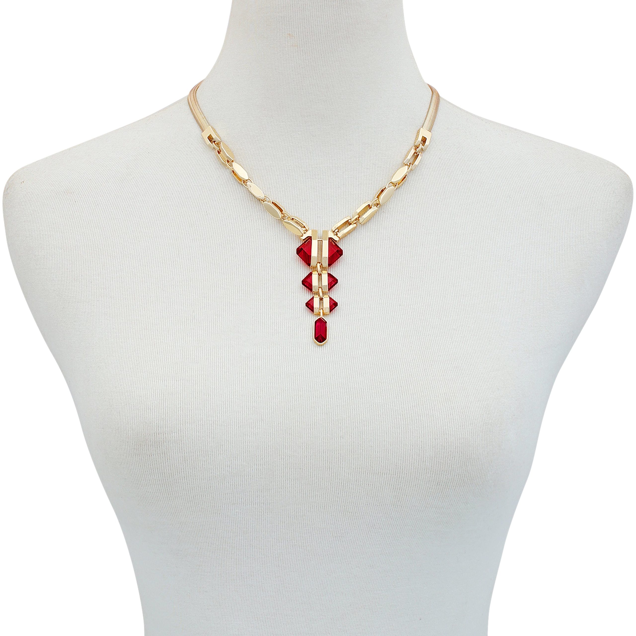 Goldtone Red Stone Pendant Statement Necklace - Image 2