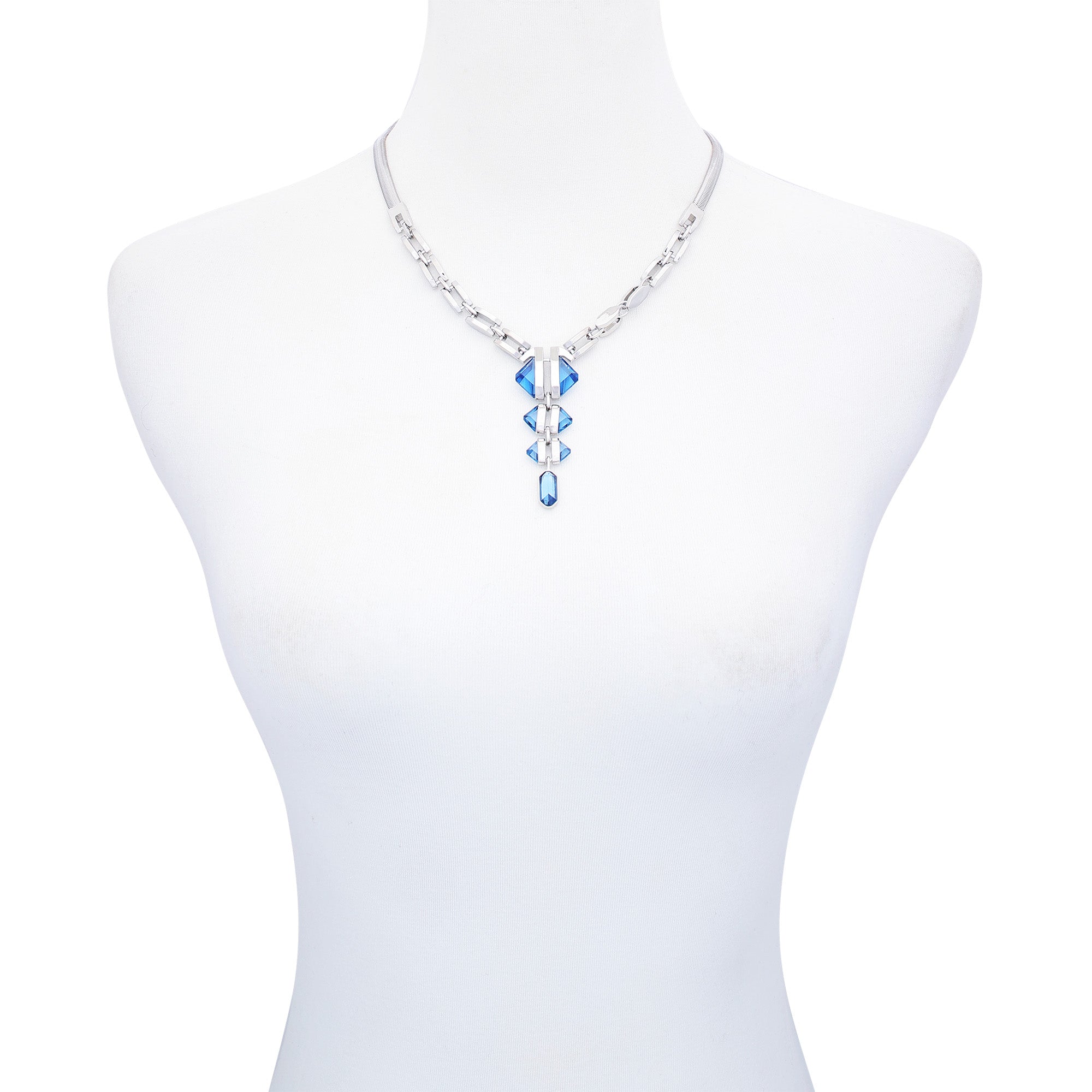 Silvertone Blue Stone Pendant Statement Necklace - Image 2