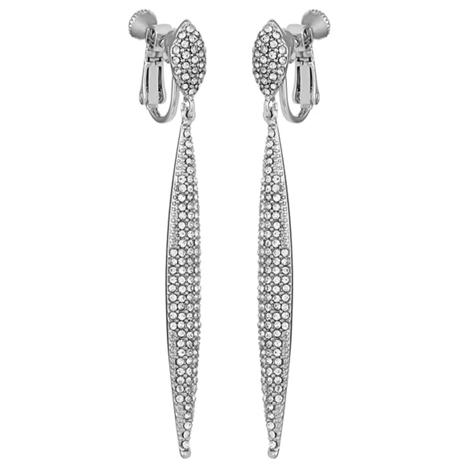 Silvertone Glass Stone Pave Drop Clip On Earrings - Image 2