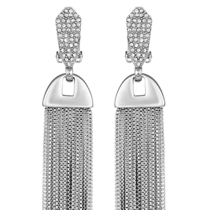 Silvertone Pave Tassel Drop Clip On Earrings - Image 2