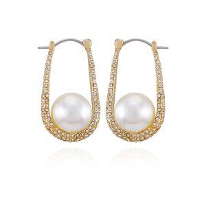 Goldtone Crystal Stone Pearl Hoop Earrings