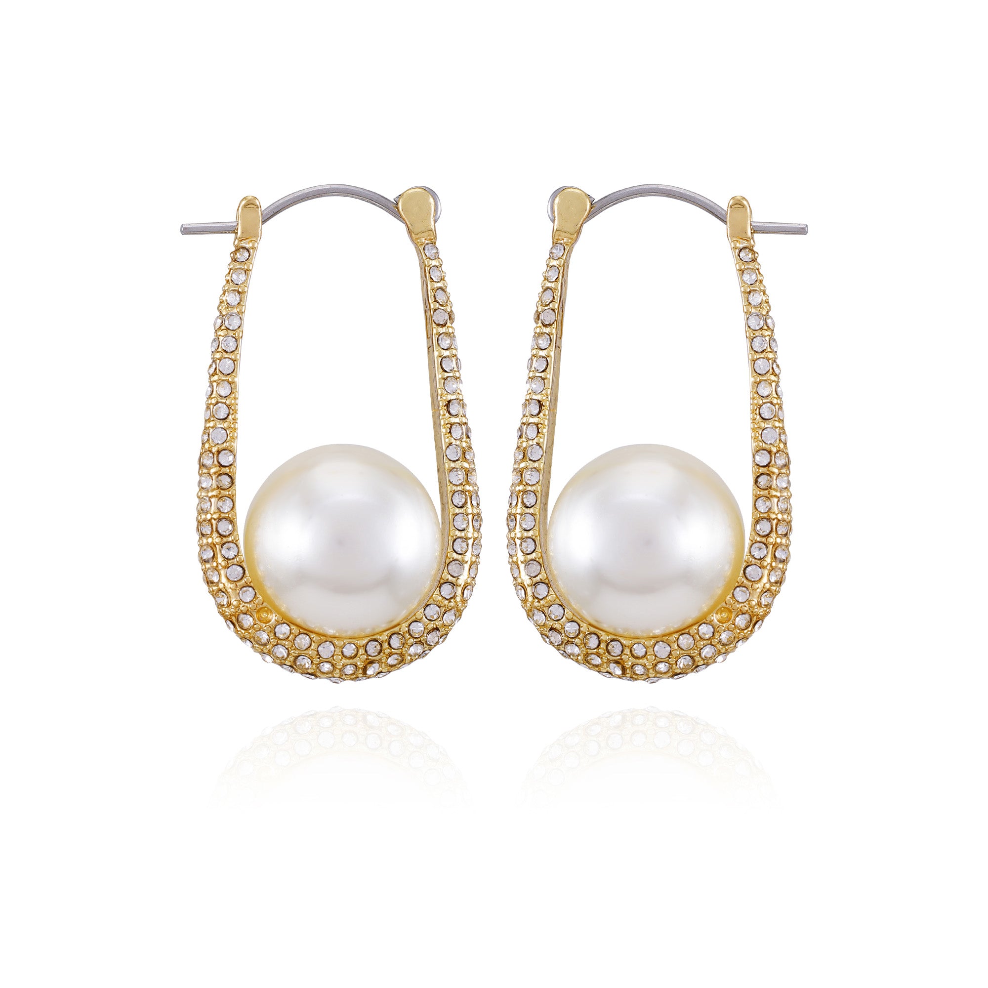 Goldtone Crystal Stone Pearl Hoop Earrings