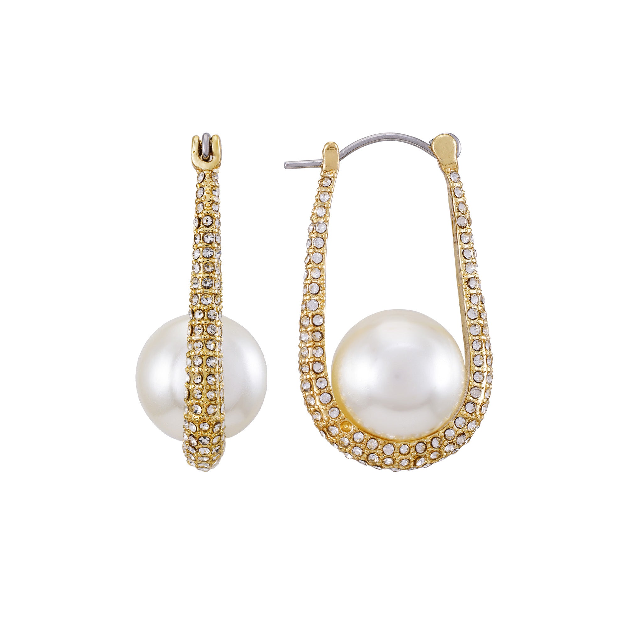 Goldtone Crystal Stone Pearl Hoop Earrings - Image 3